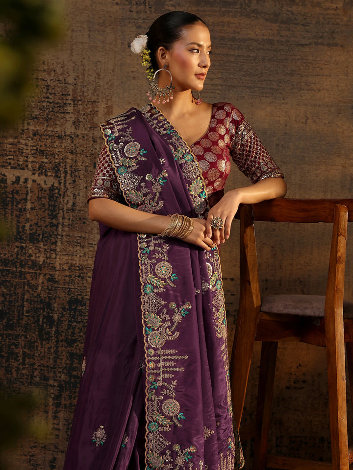 Libas Art Purple Floral Embroidered Tissue Saree With Unstitched Blouse Piece