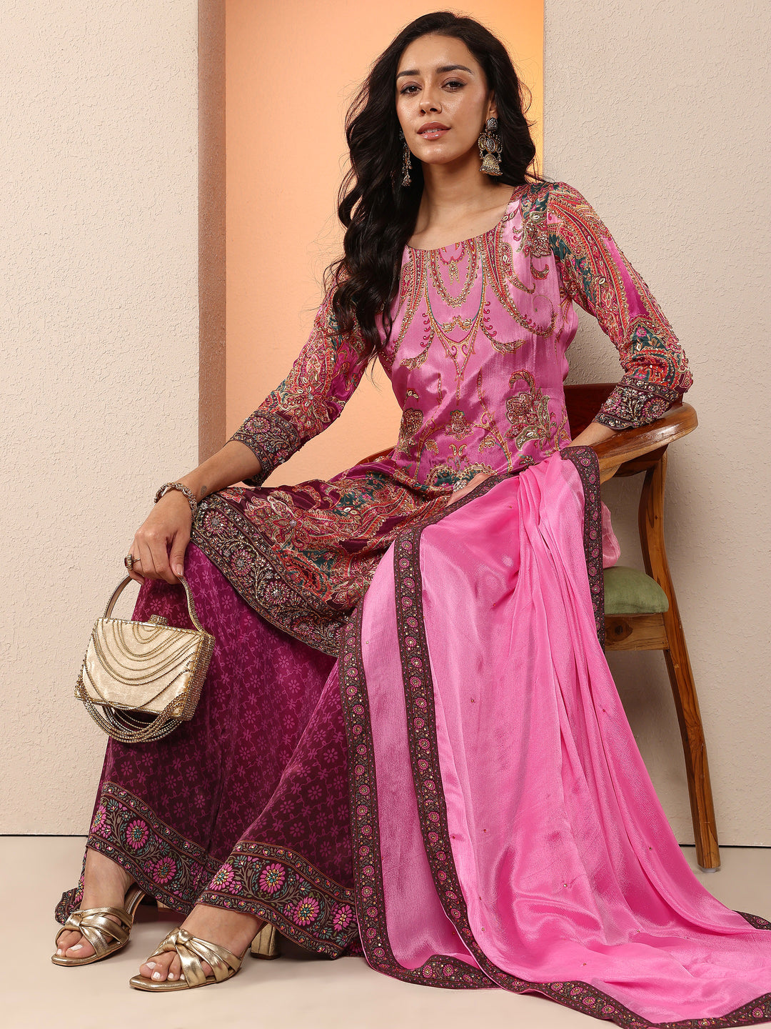 Libas Art Purple Printed Crepe Straight Suit Set With Dupatta