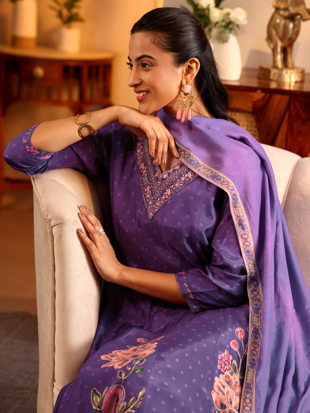 Libas Art Purple Printed Muslin Anarkali Suit Set With Dupatta