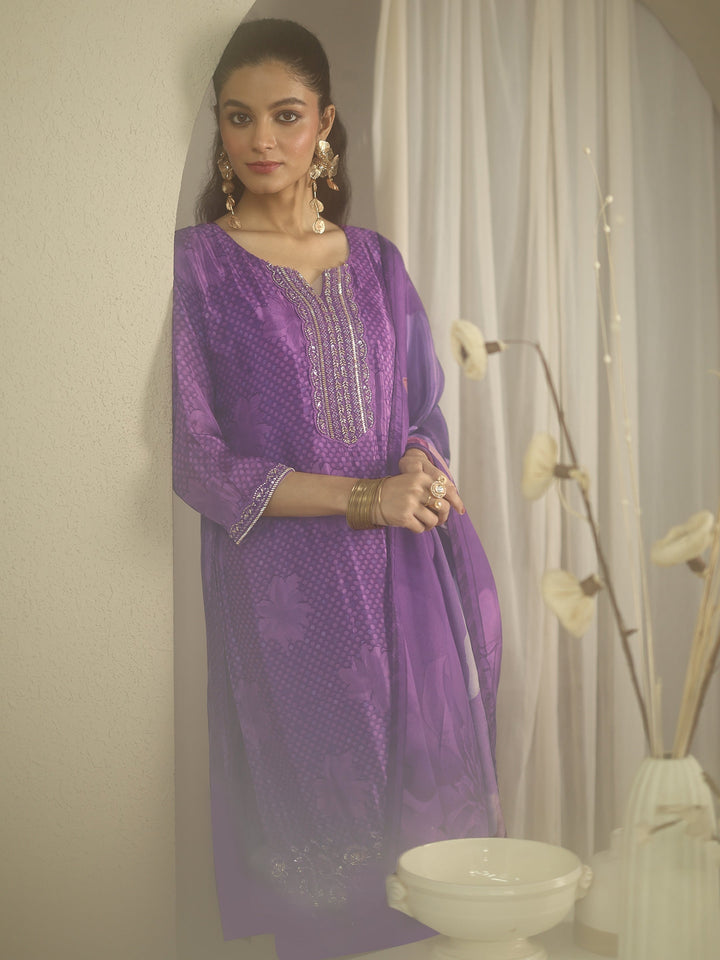 Libas Art Purple Printed Silk blend Straight Suit Set With Dupatta