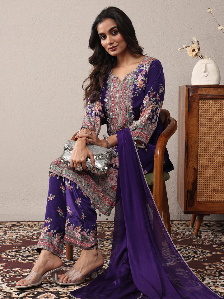 Libas Art Purple Printed Silk Crepe Straight Suit Set With Dupatta