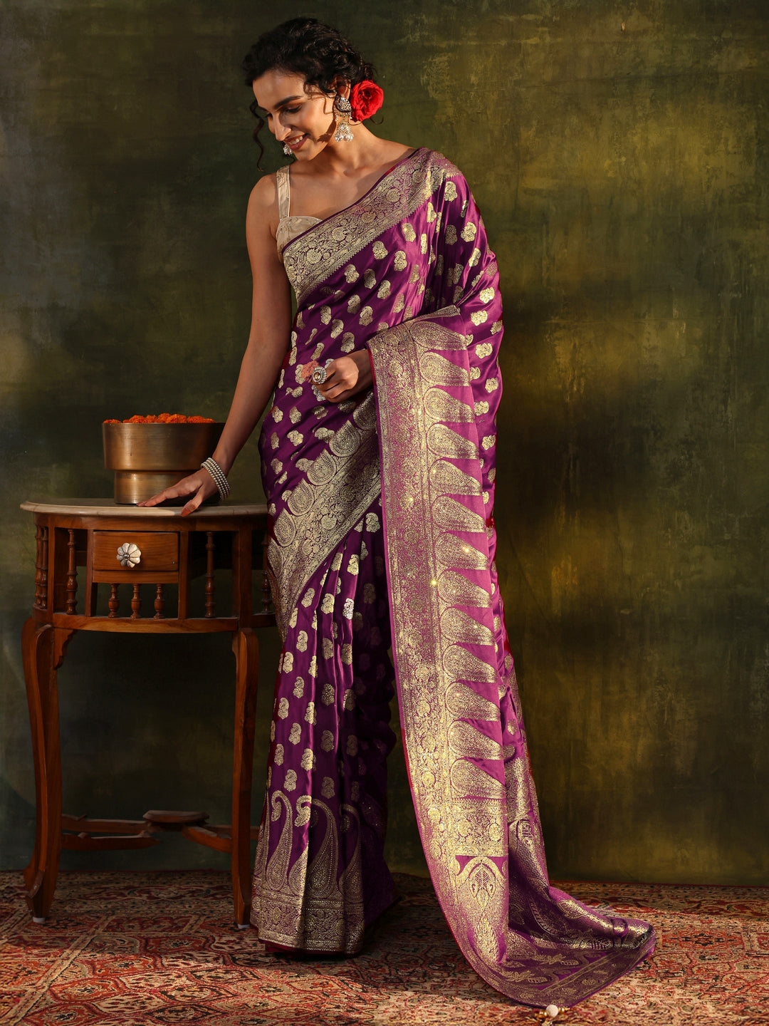 Libas Art Purple Woven Design Silk Blend Banarasi Saree With Unstitched Blouse Piece