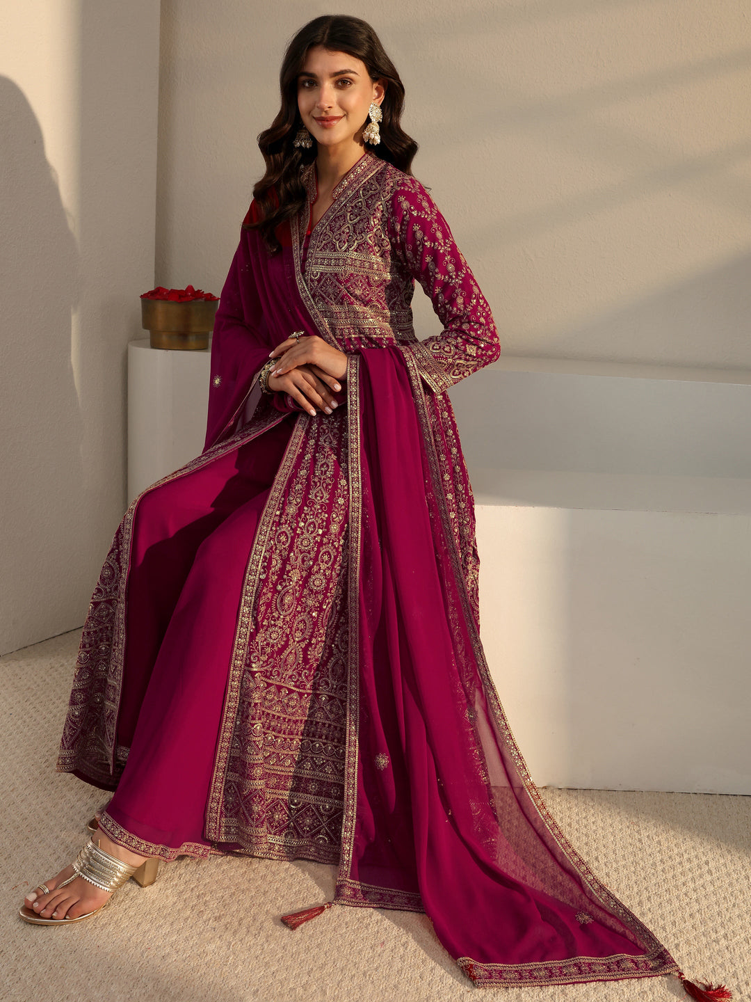 Libas Art Red Embellished Georgette Anarkali Suit Set With Dupatta