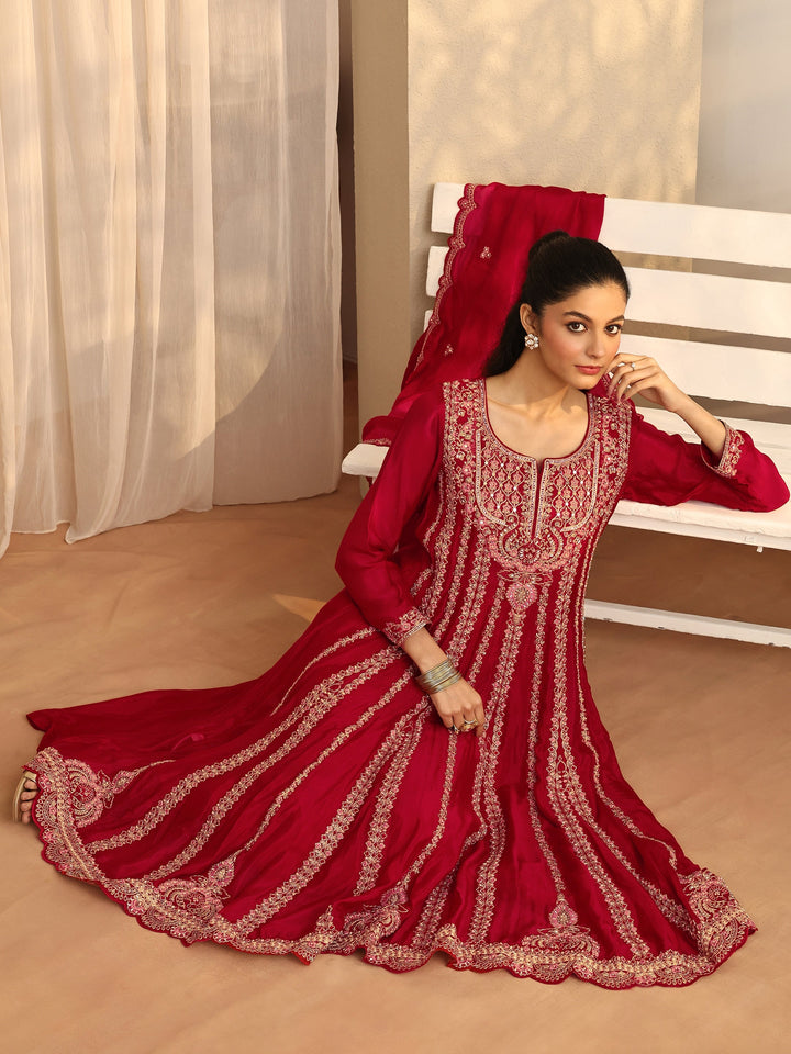 Libas Art Red Embroidered Chinon Anarkali Suit Set With Dupatta