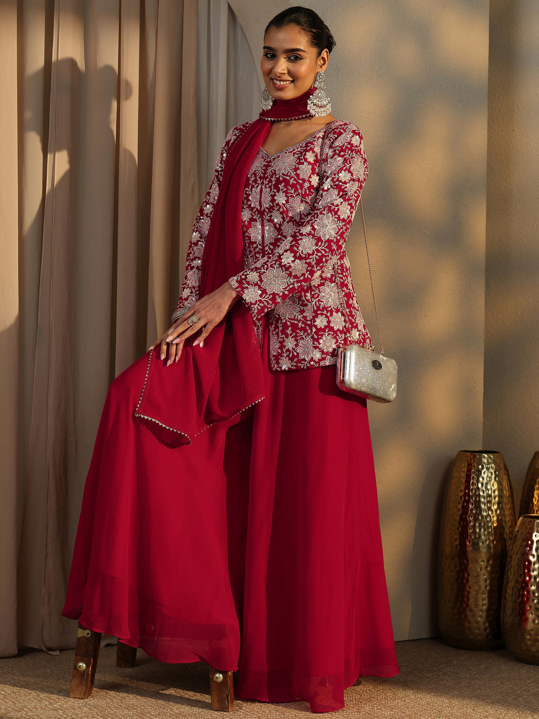 Libas Art Red Embroidered Georgette Straight Suit Set With Dupatta