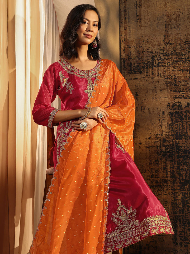 Libas Art Red Embroidered Organza Straight Suit Set With Dupatta