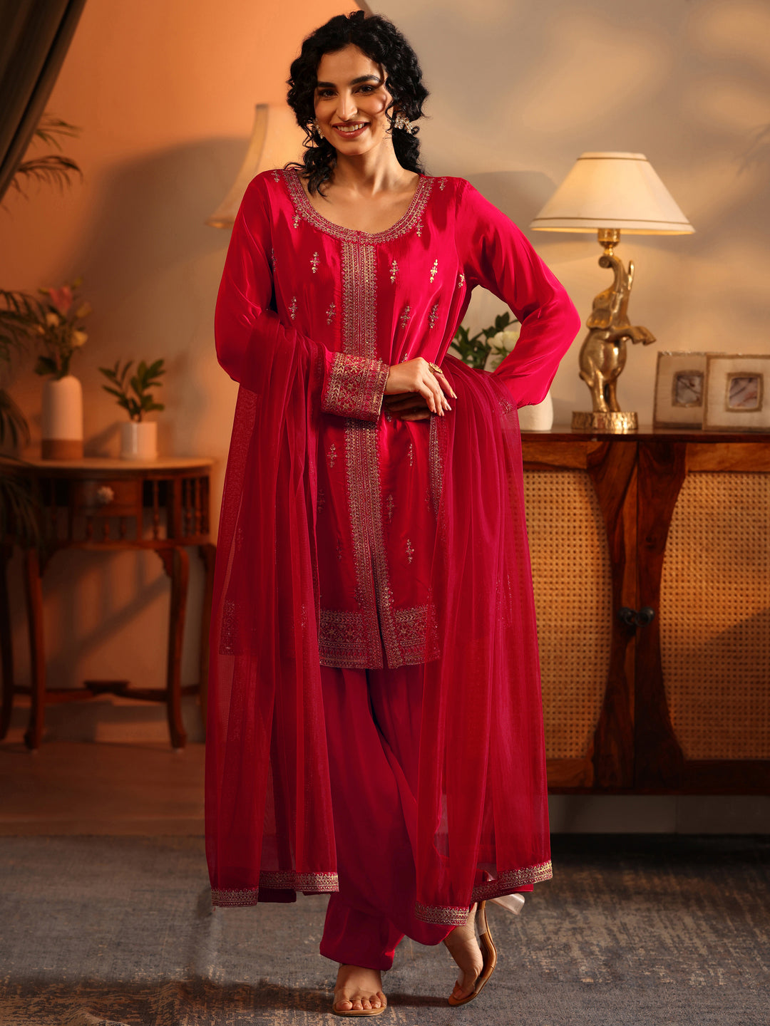 Libas Art Red Embroidered Silk Blend Straight Suit Set With Dupatta