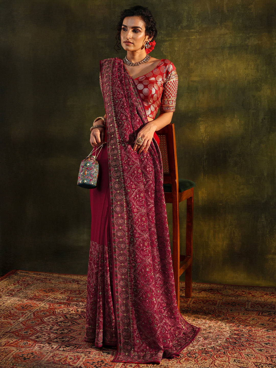 Libas Art Red Jamawar Embroidered Georgette Saree With Unstitched Blouse Piece
