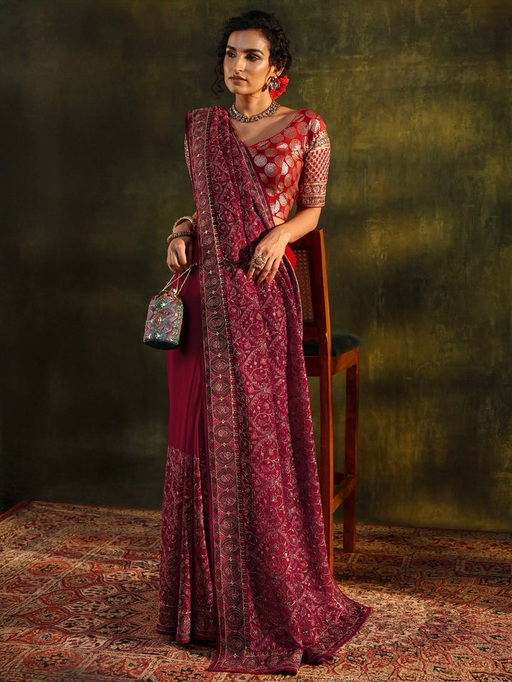 Libas Art Red Jamawar Embroidered Georgette Saree With Unstitched Blouse Piece