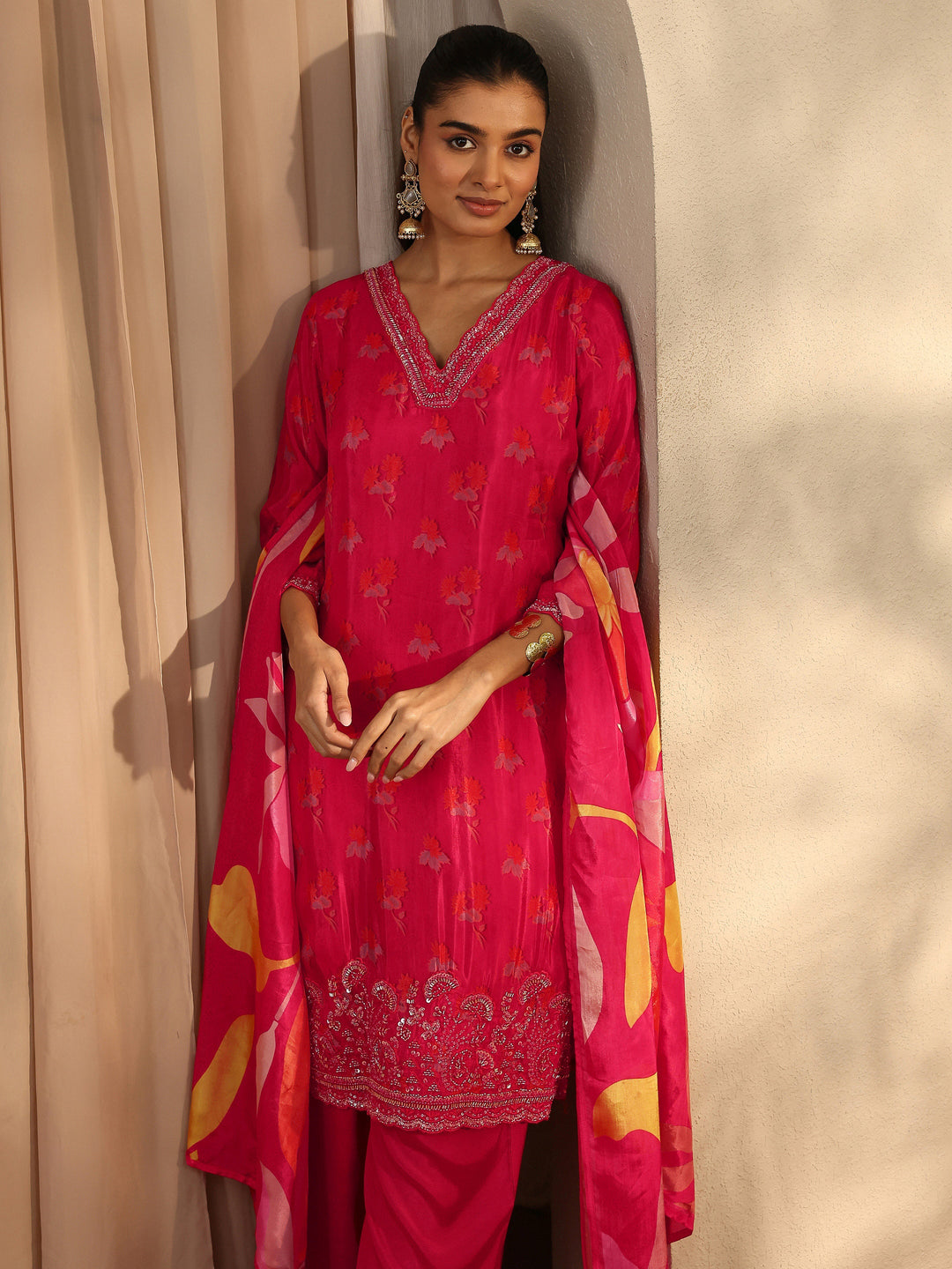 Libas Art Red Printed Crepe Straight Suit Set With Dupatta