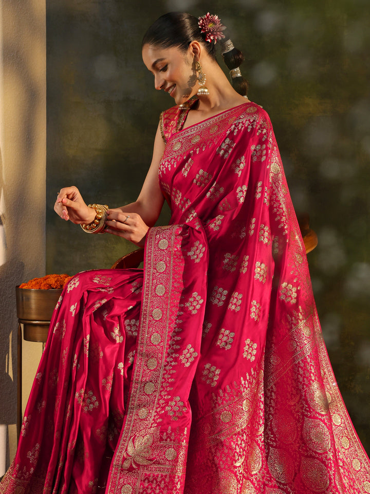 Libas Art Red Woven Design Satin Banarasi Saree With Unstitched Blouse Piece
