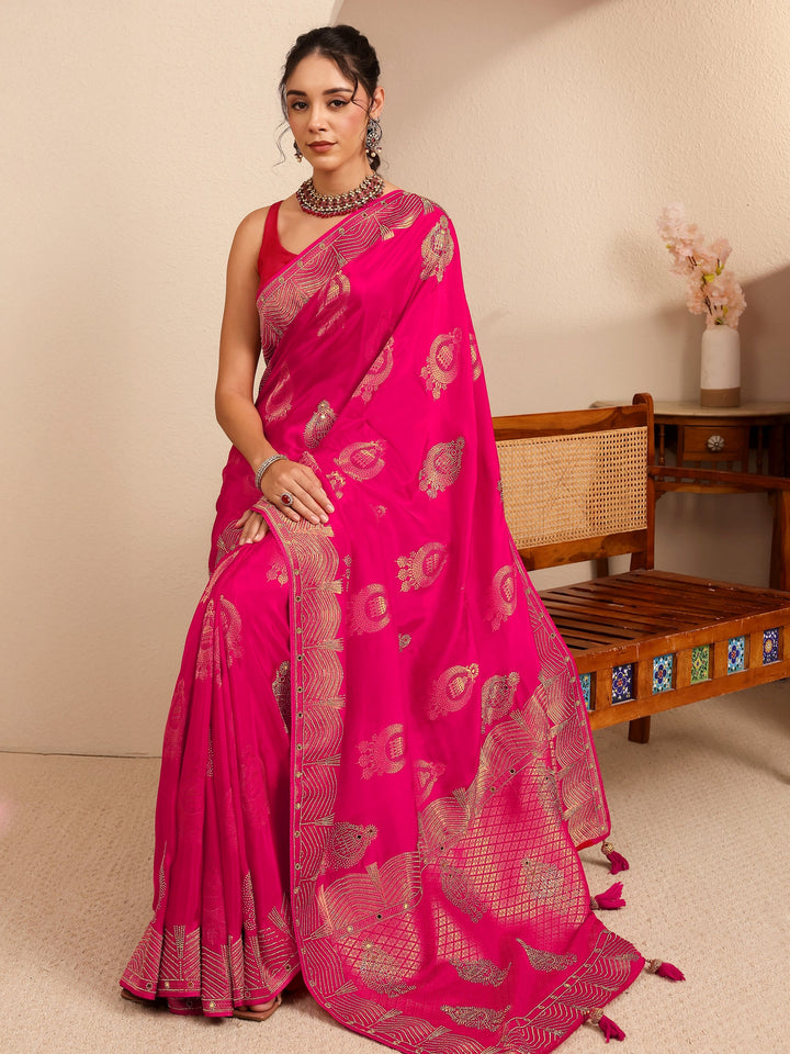 Libas Art Rose Pink  Embellished Silk Blend Saree