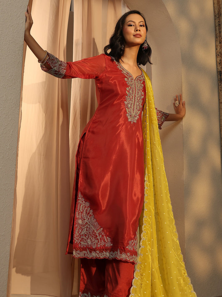 Libas Art Rust Embroidered Organza Straight Suit Set With Dupatta
