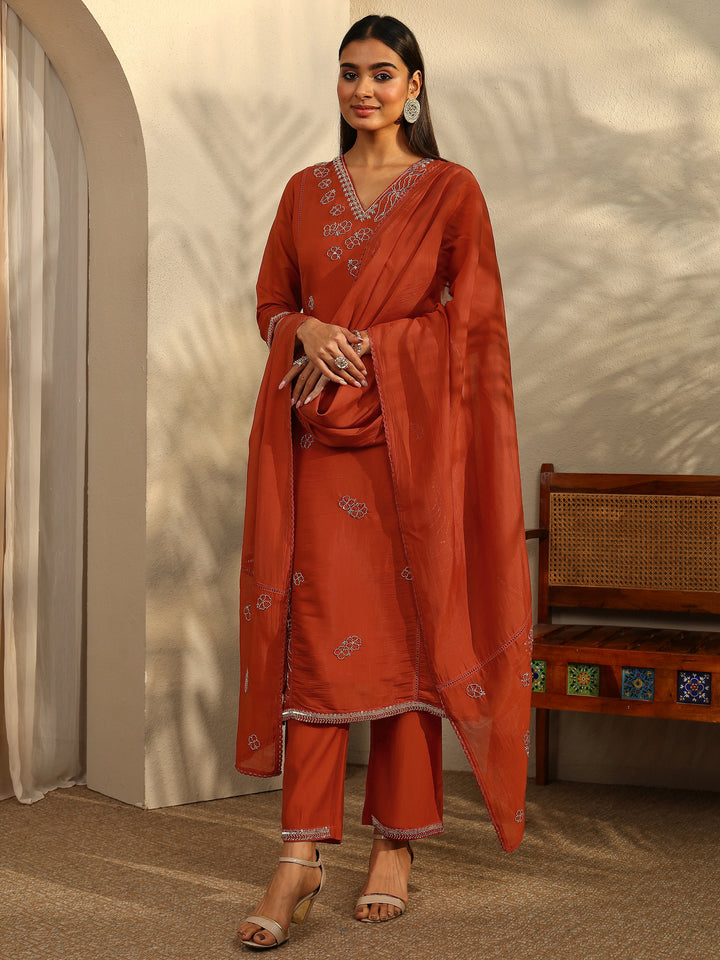 Libas Art Rust Embroidered Silk Blend Straight Suit Set With Dupatta