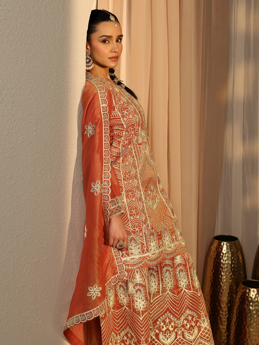 Libas Art Rust Embroidered Silk Blend Straight Suit Set With Dupatta