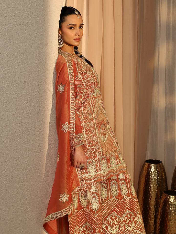 Libas Art Rust Embroidered Silk Blend Straight Suit Set With Dupatta