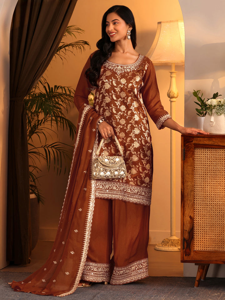 Libas Art Rust Woven Design Silk Blend Straight Suit Set With Dupatta
