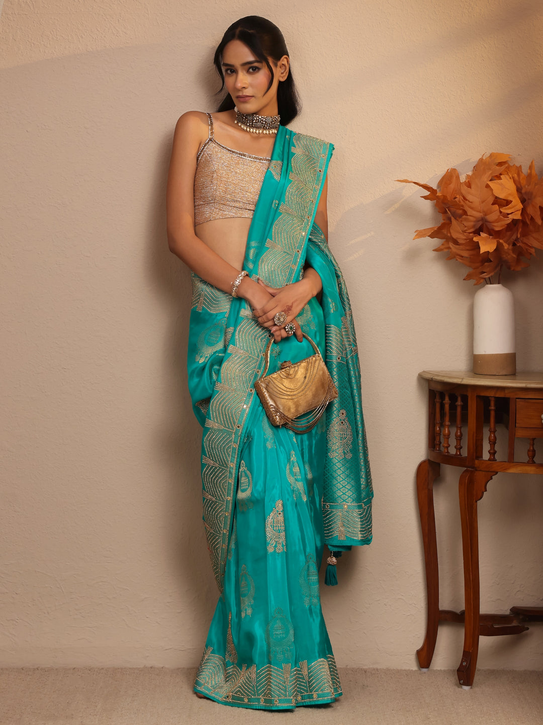 Libas Art Sea Green Embellished Silk Blend Saree