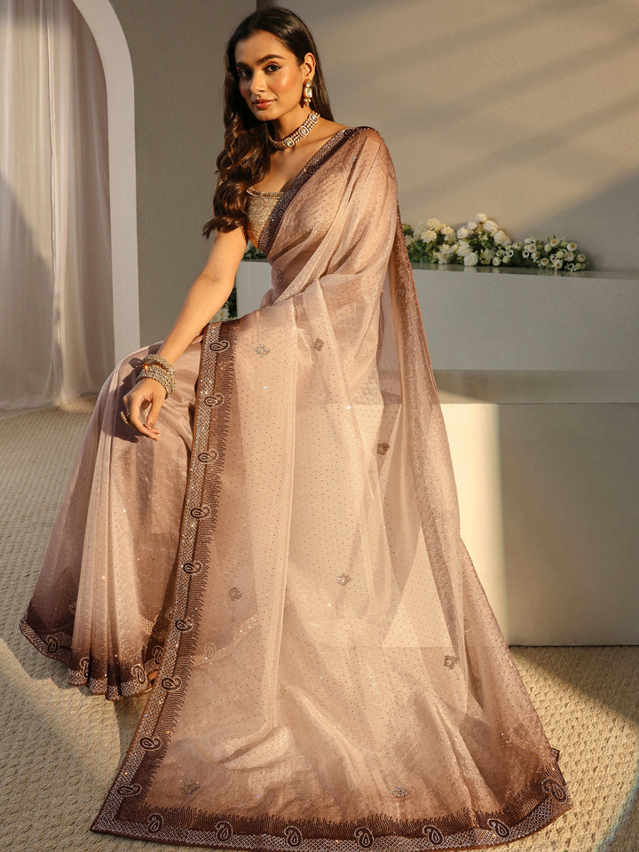 Libas Art Taupe Paisley Embellished Tissue Saree With Unstitched Blouse Piece