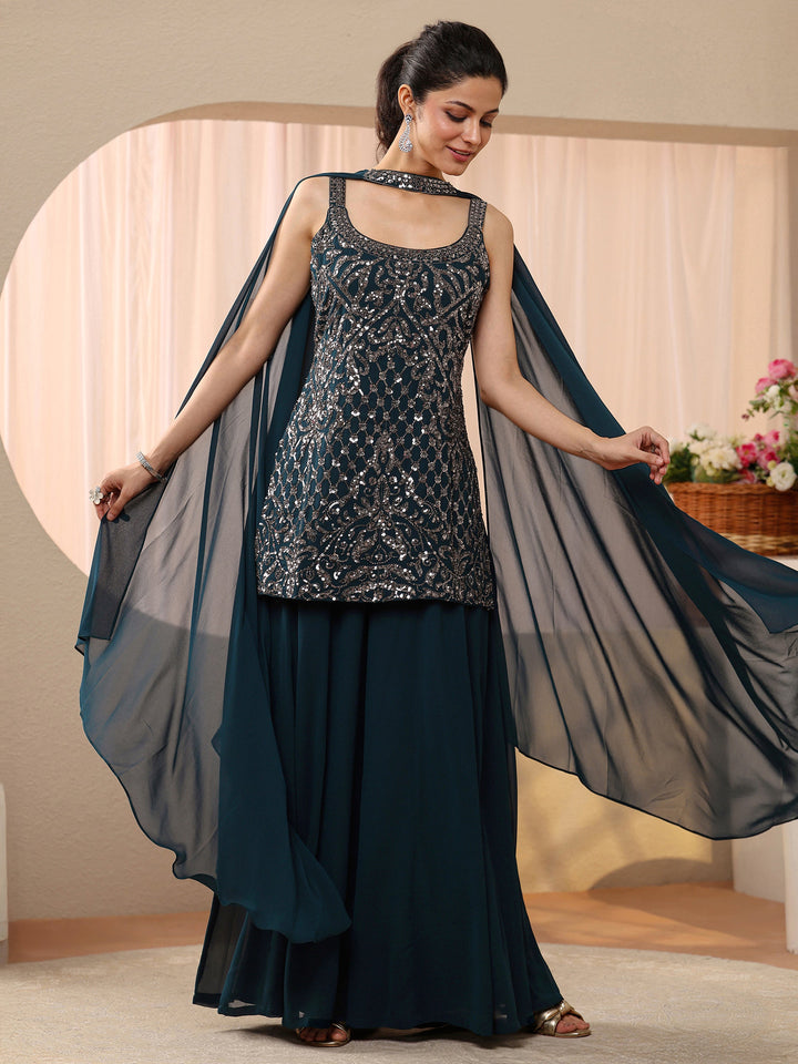 Libas Art Teal Blue Sequin Embellished Georgette Palazzo Suit Set
