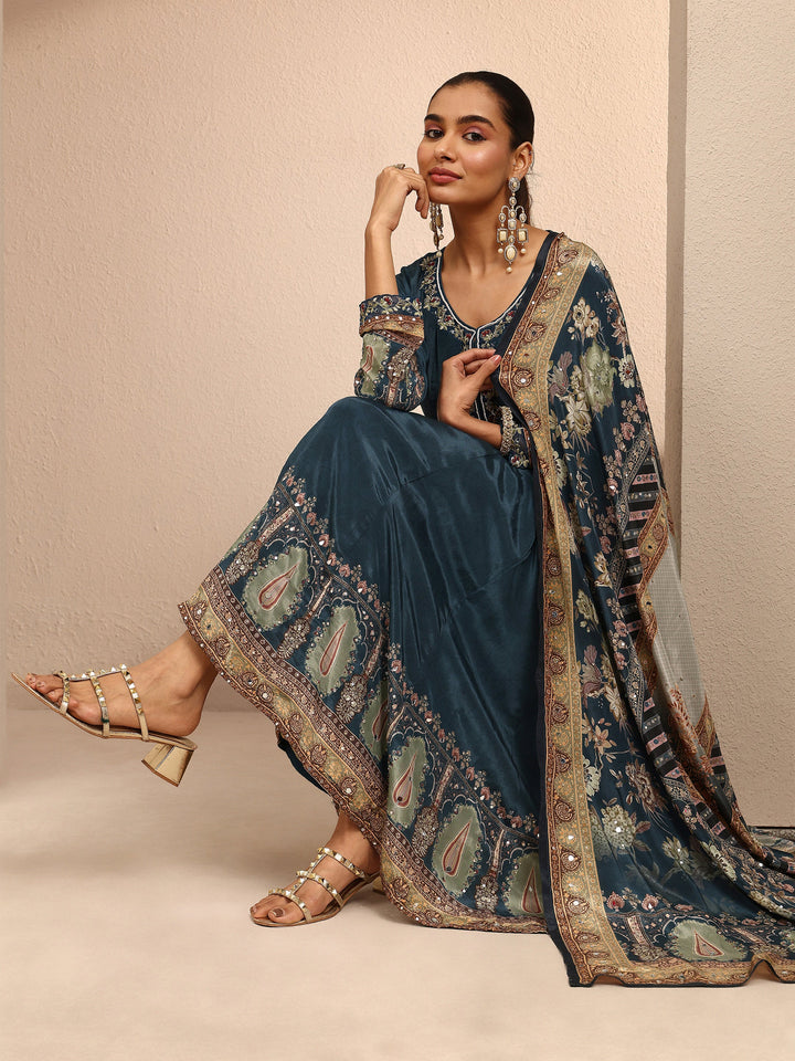 Libas Art Teal Embroidered Crepe Anarkali Suit Set With Dupatta