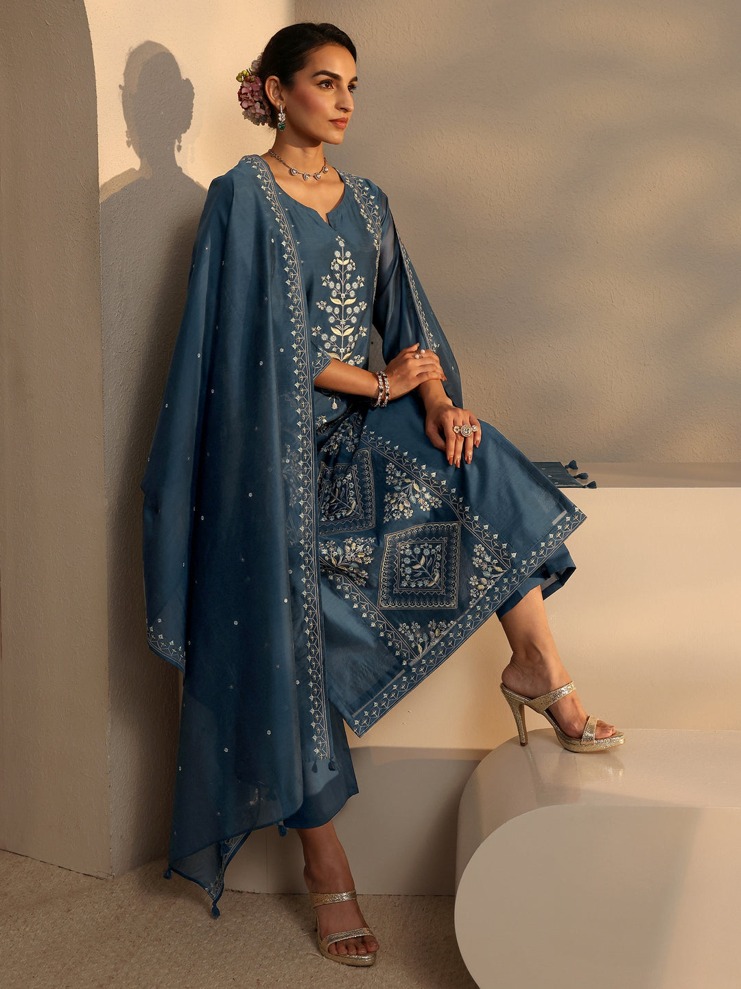 Libas Art Teal Embroidered Silk Blend Straight Suit Set With Dupatta