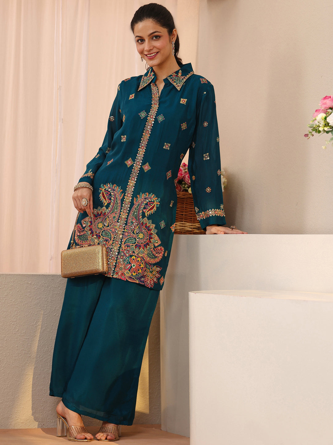 Libas Art Teal Ethnic Embroidered Chinon Co-Ord Set