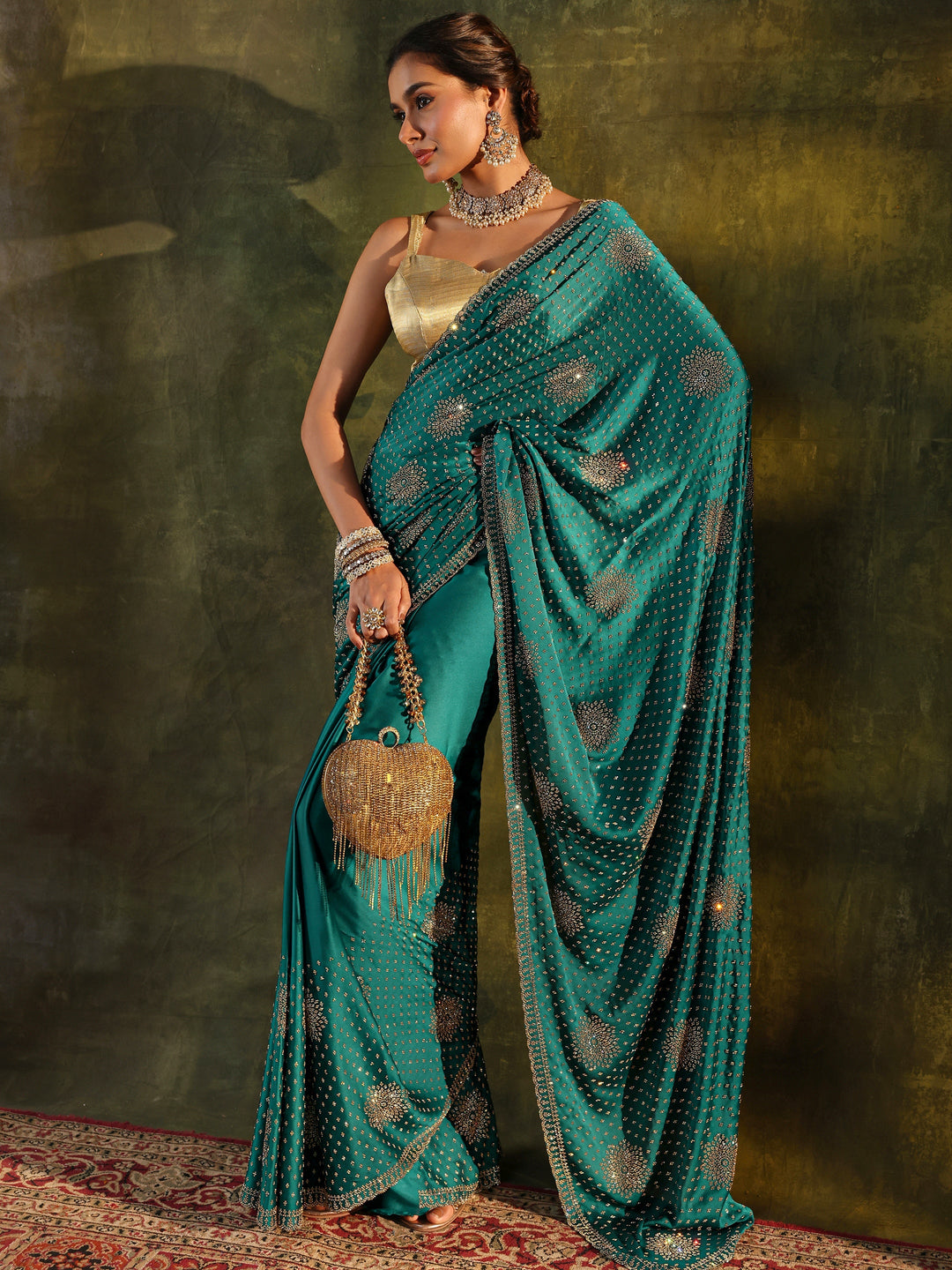 Libas Art Teal Floral Embellished Satin Saree With Unstitched Blouse Piece