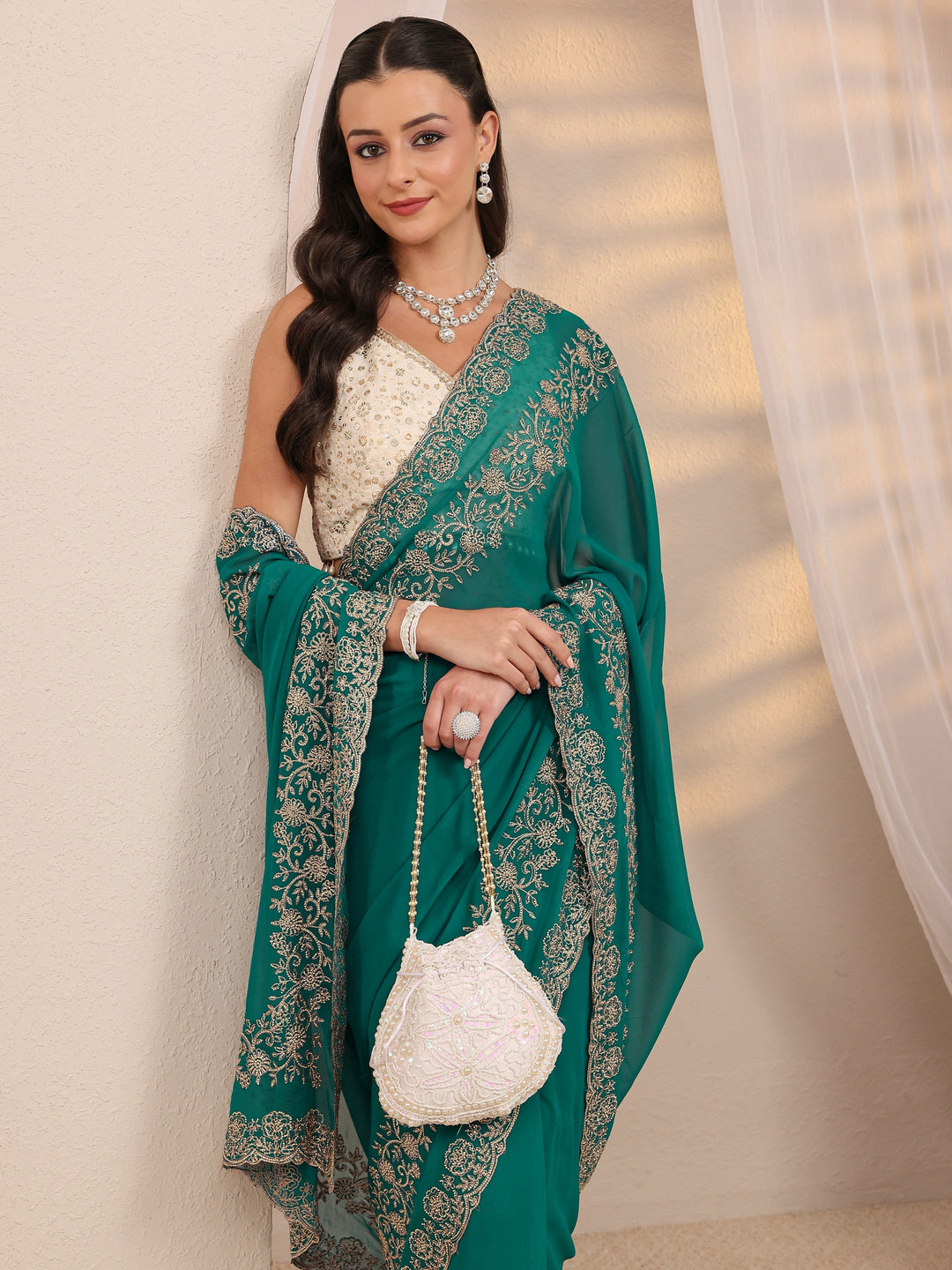 Libas Art Teal Green Embellished Silk Blend Saree With Unstitched Blouse Piece
