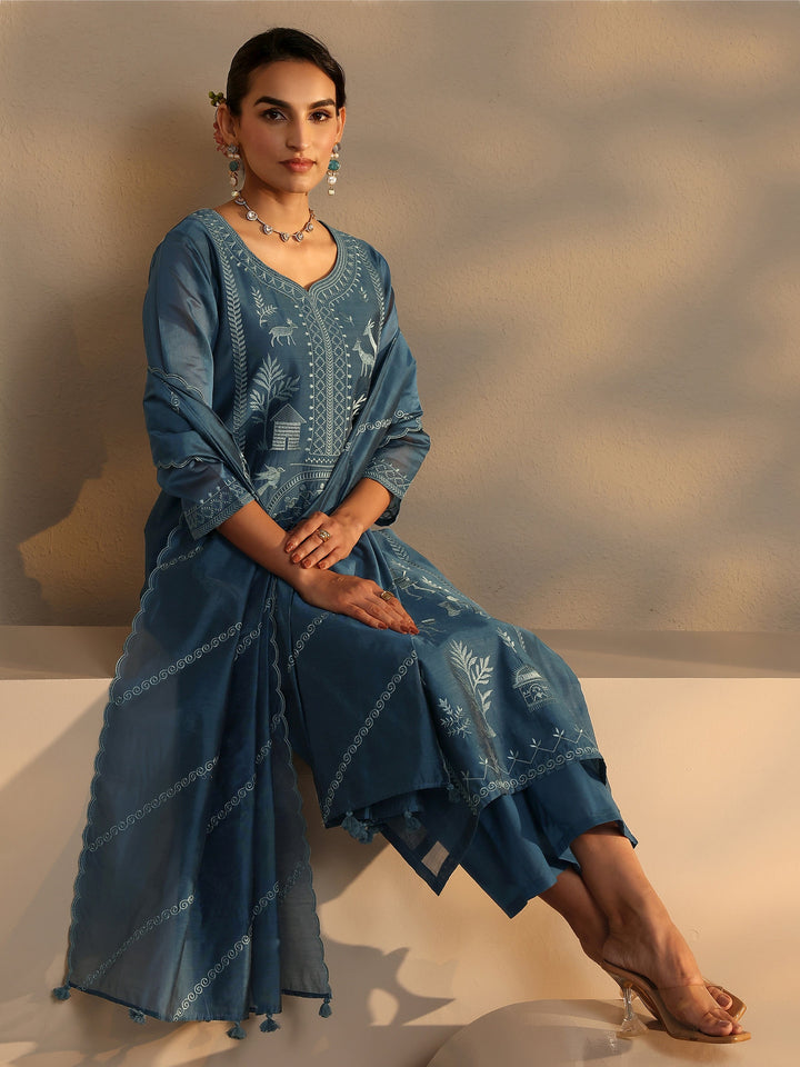 Libas Art Teal Warli Embroidered Silk Blend Straight Suit Set With Dupatta