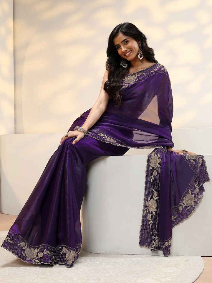 Libas Art Violet  Tissue Saree With Embellished Border