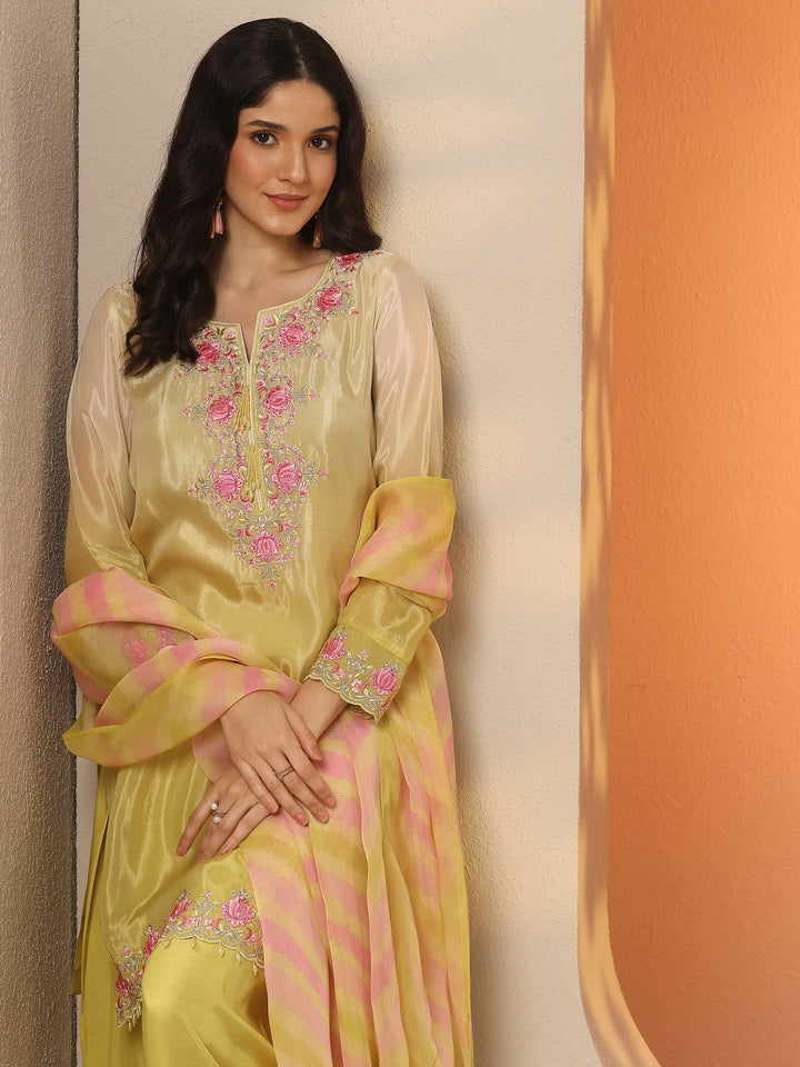 Yellow Embroidered Crepe Straight Suit Set With Dupatta