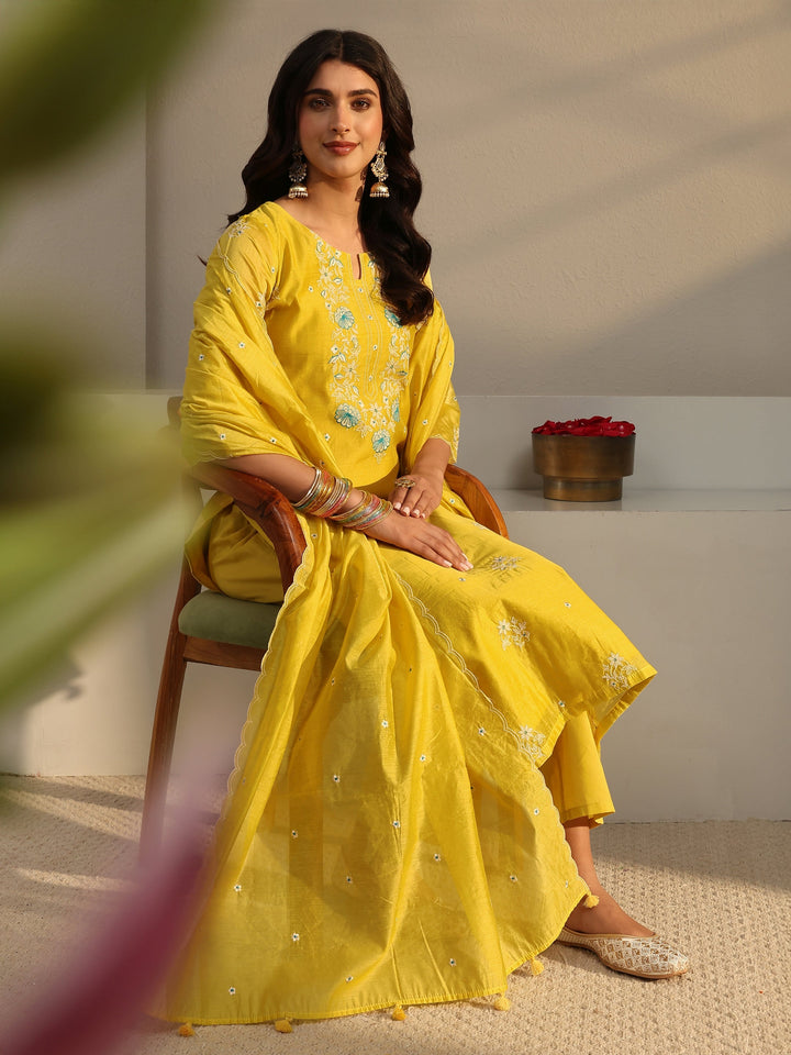 Libas Art Yellow Embroidered Silk Blend Straight Suit Set With Dupatta