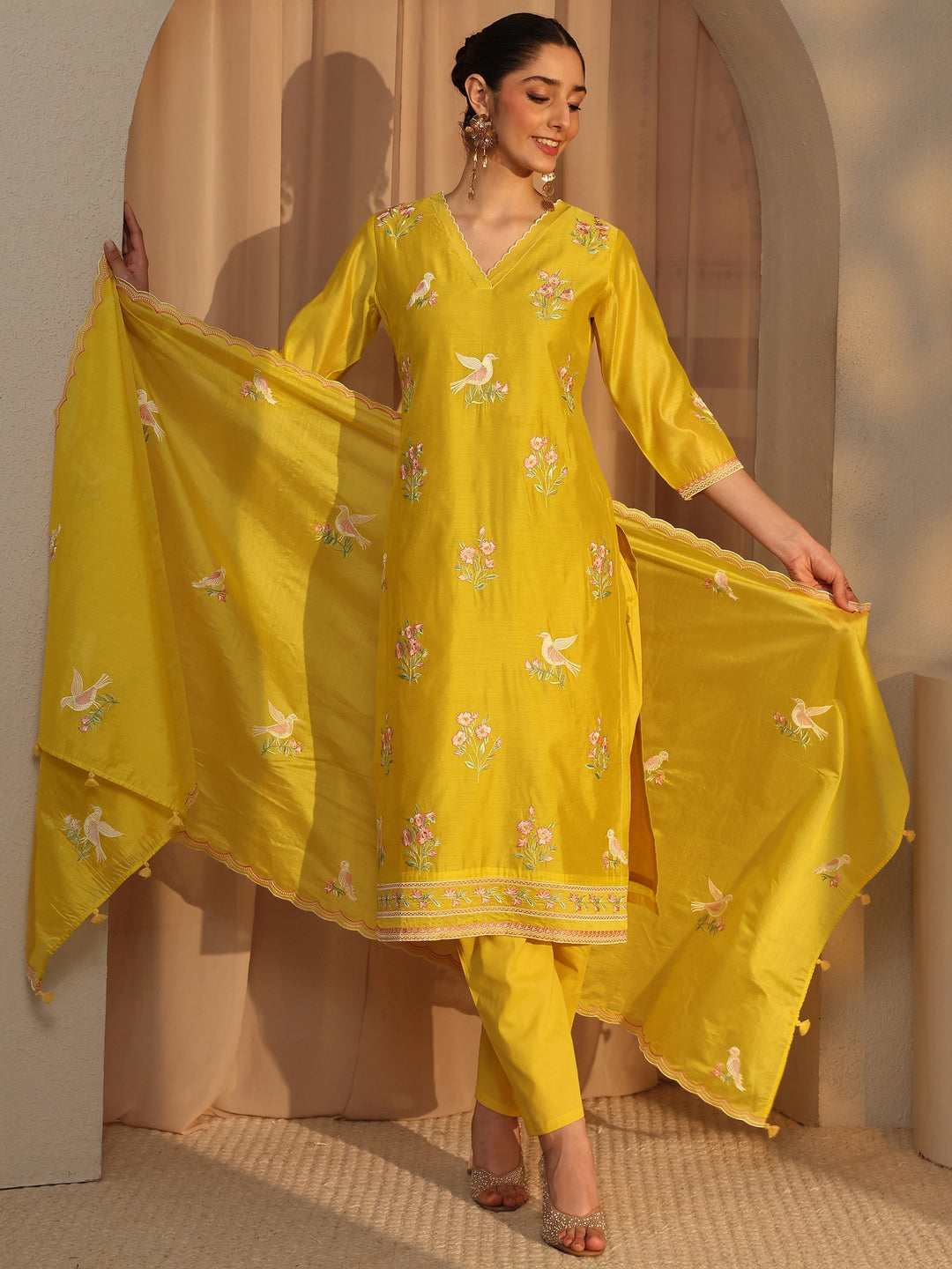 Libas Art Yellow Embroidered Silk Blend Straight Suit Set With Dupatta