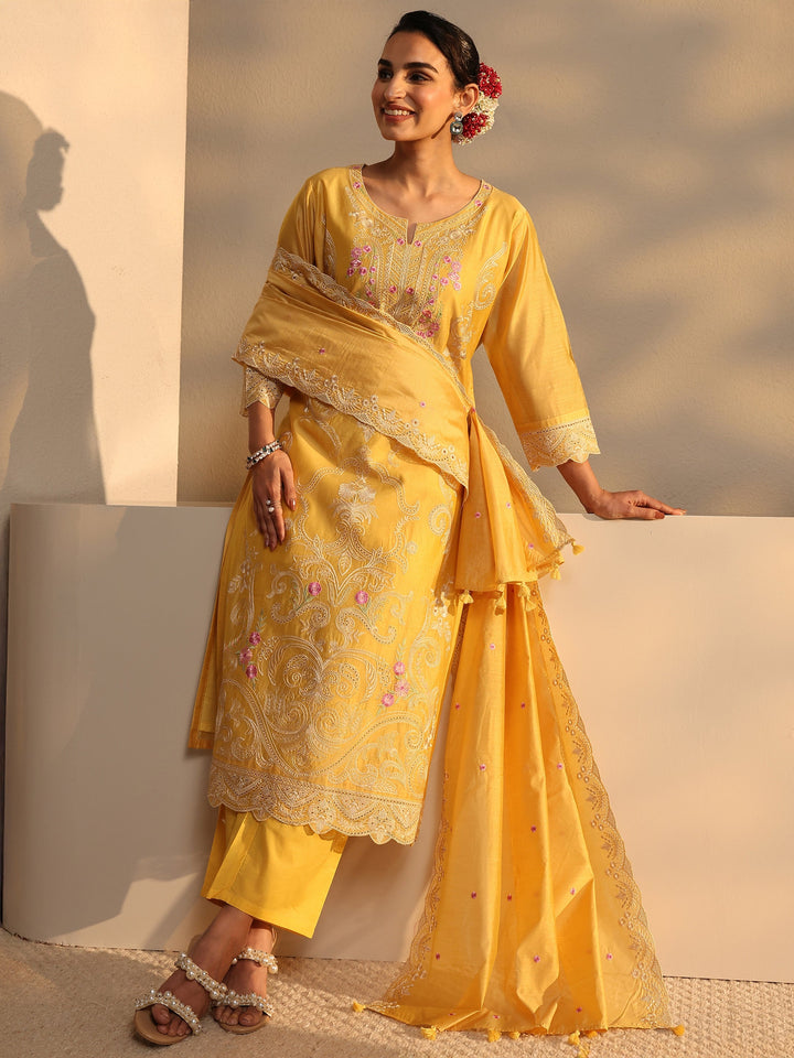 Libas Art Yellow Embroidered Silk Blend Straight Suit Set With Dupatta