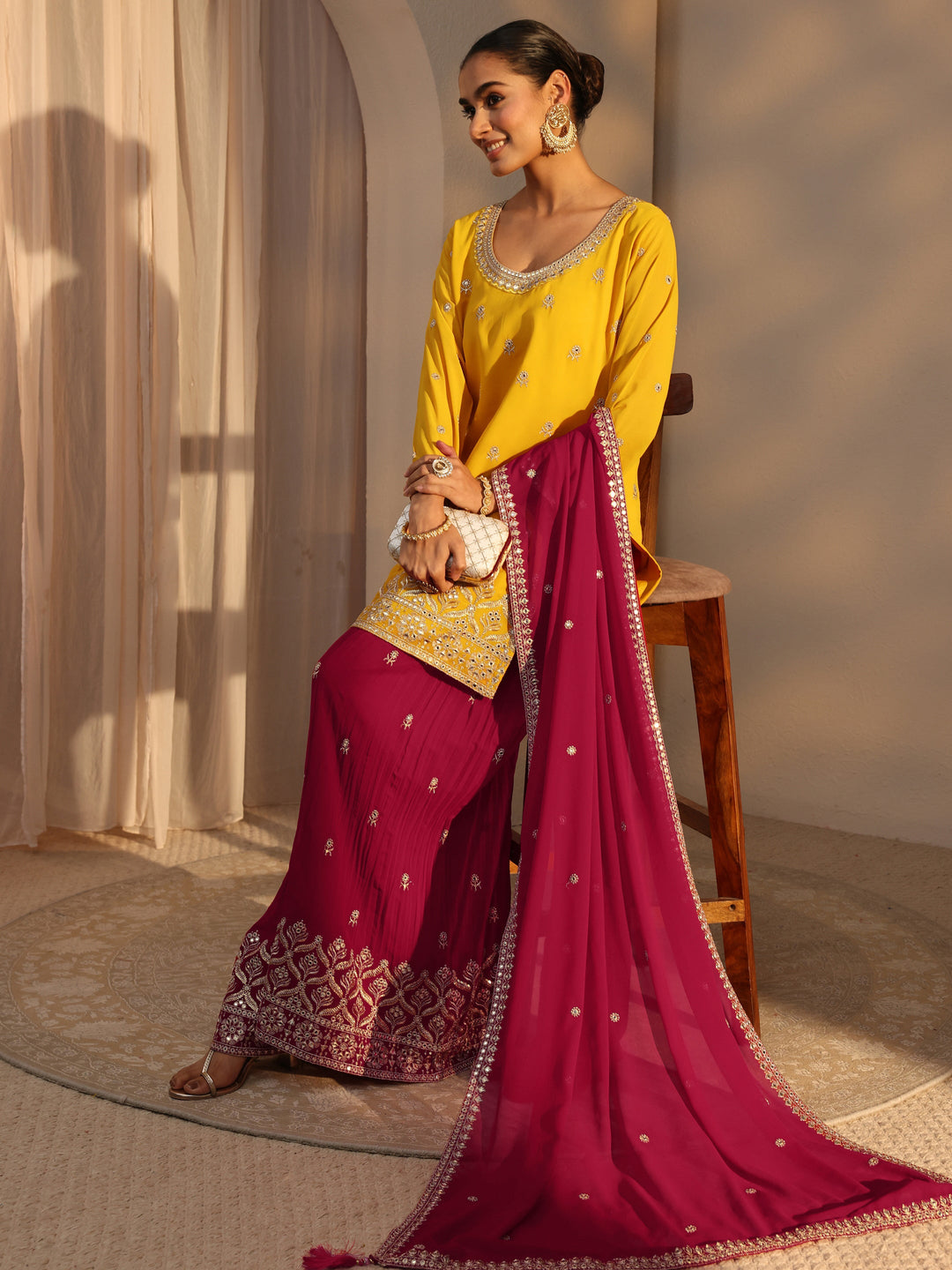 Libas Art Yellow Floral Embroidered Georgette Straight Suits Set With Dupatta