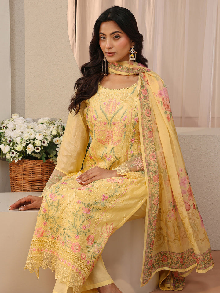 Libas Art Yellow Floral Embroidered Silk Blend Straight Suit Set