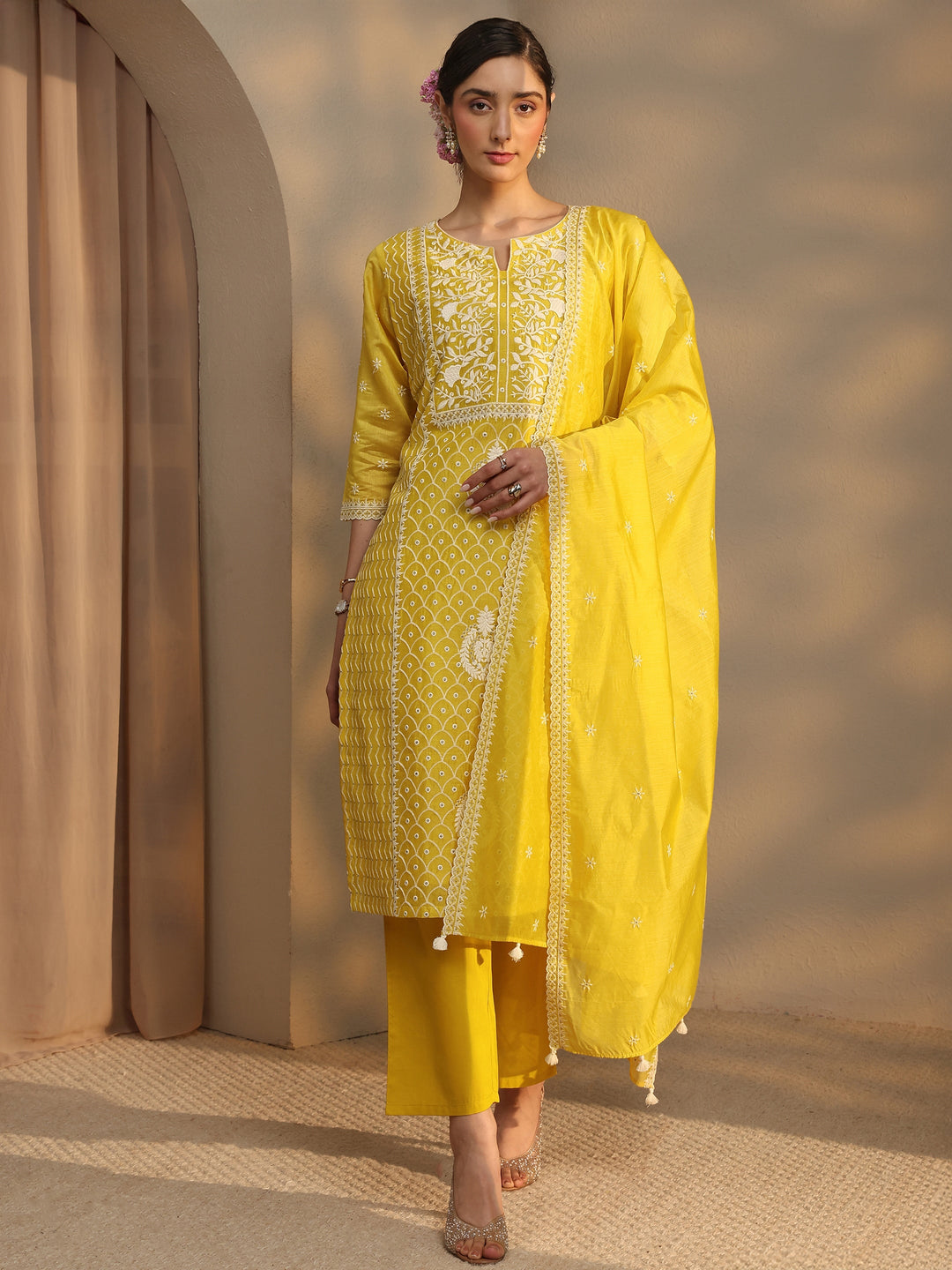 Libas Art Yellow Floral Embroidered Silk Blend Straight Suit Set With Dupatta