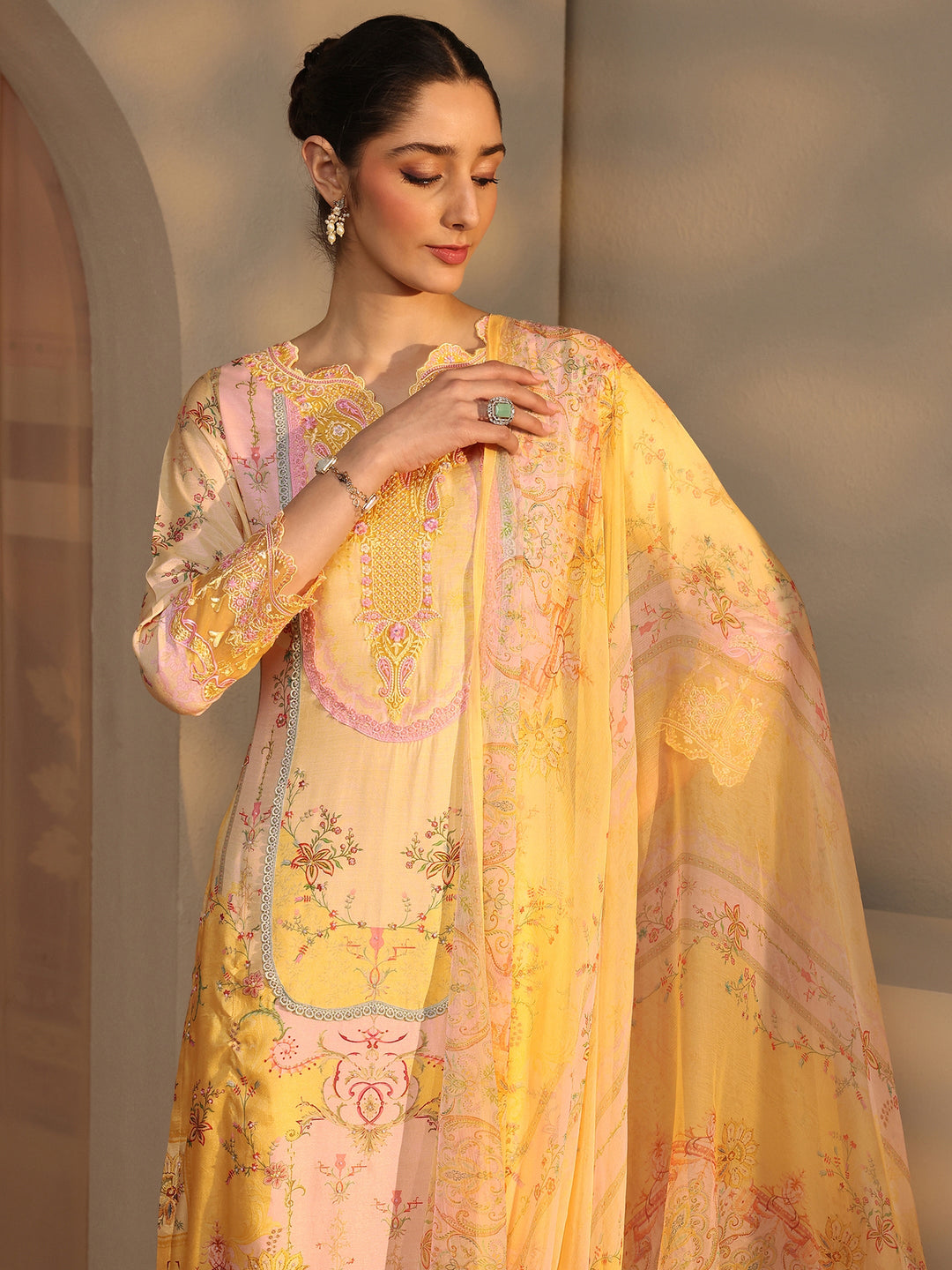 Libas Art Yellow Printed Silk Blend Straight Suit Set With Dupatta