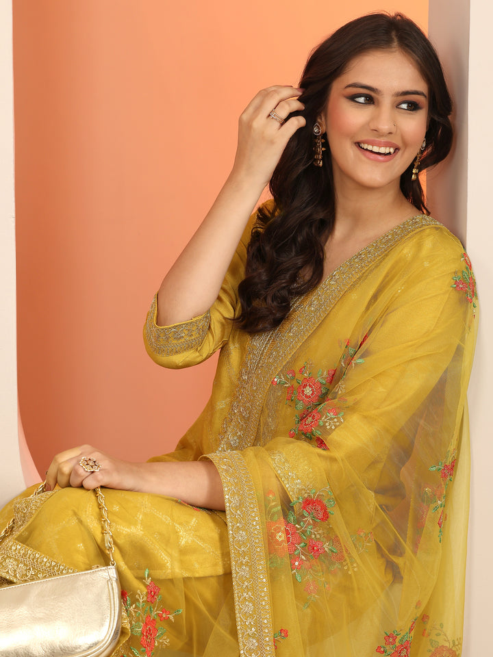 Libas Art Yellow Woven Design Silk Blend Straight Suit Set With Dupatta