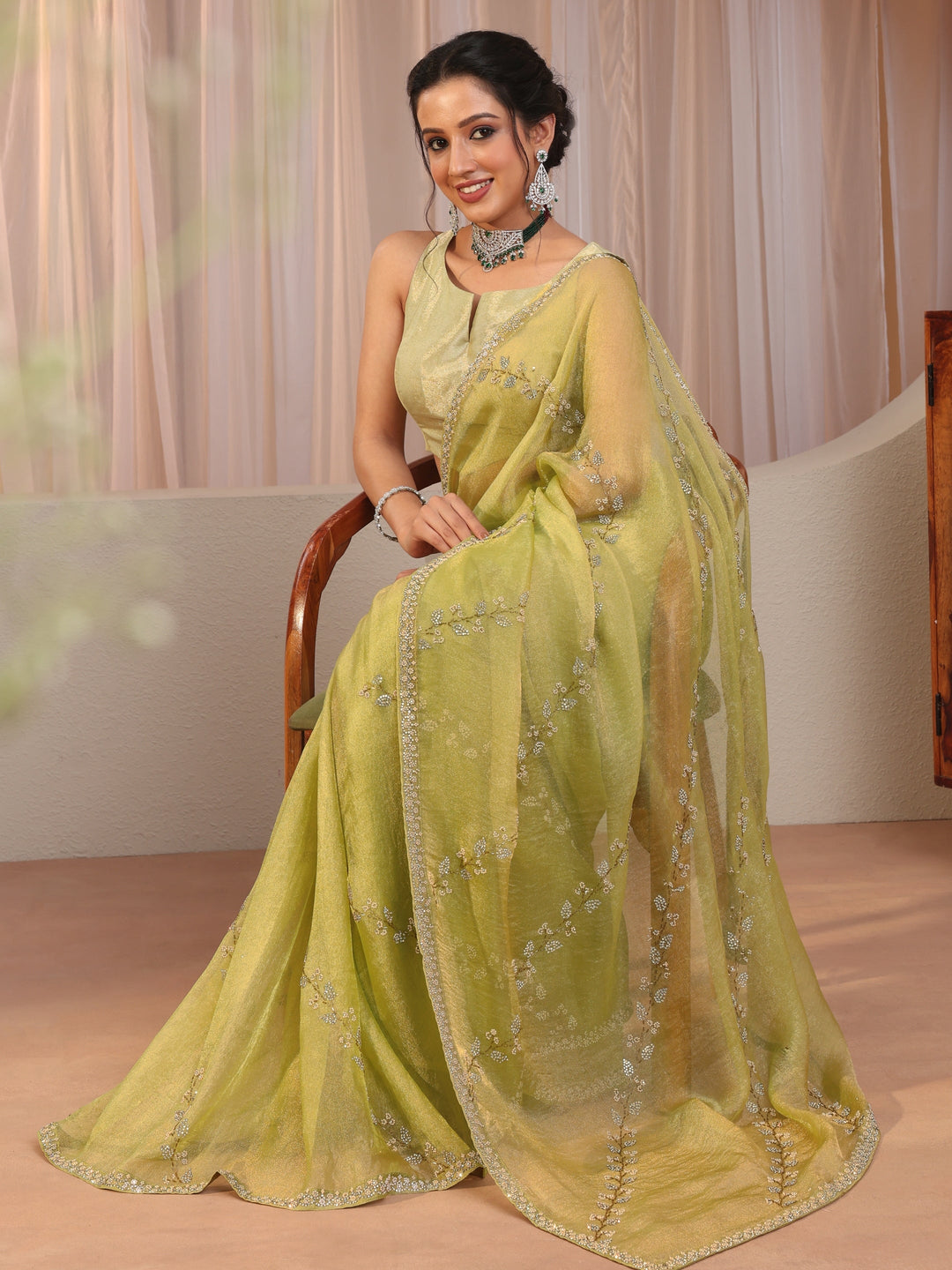 Light Green Embellished Tissue Saree