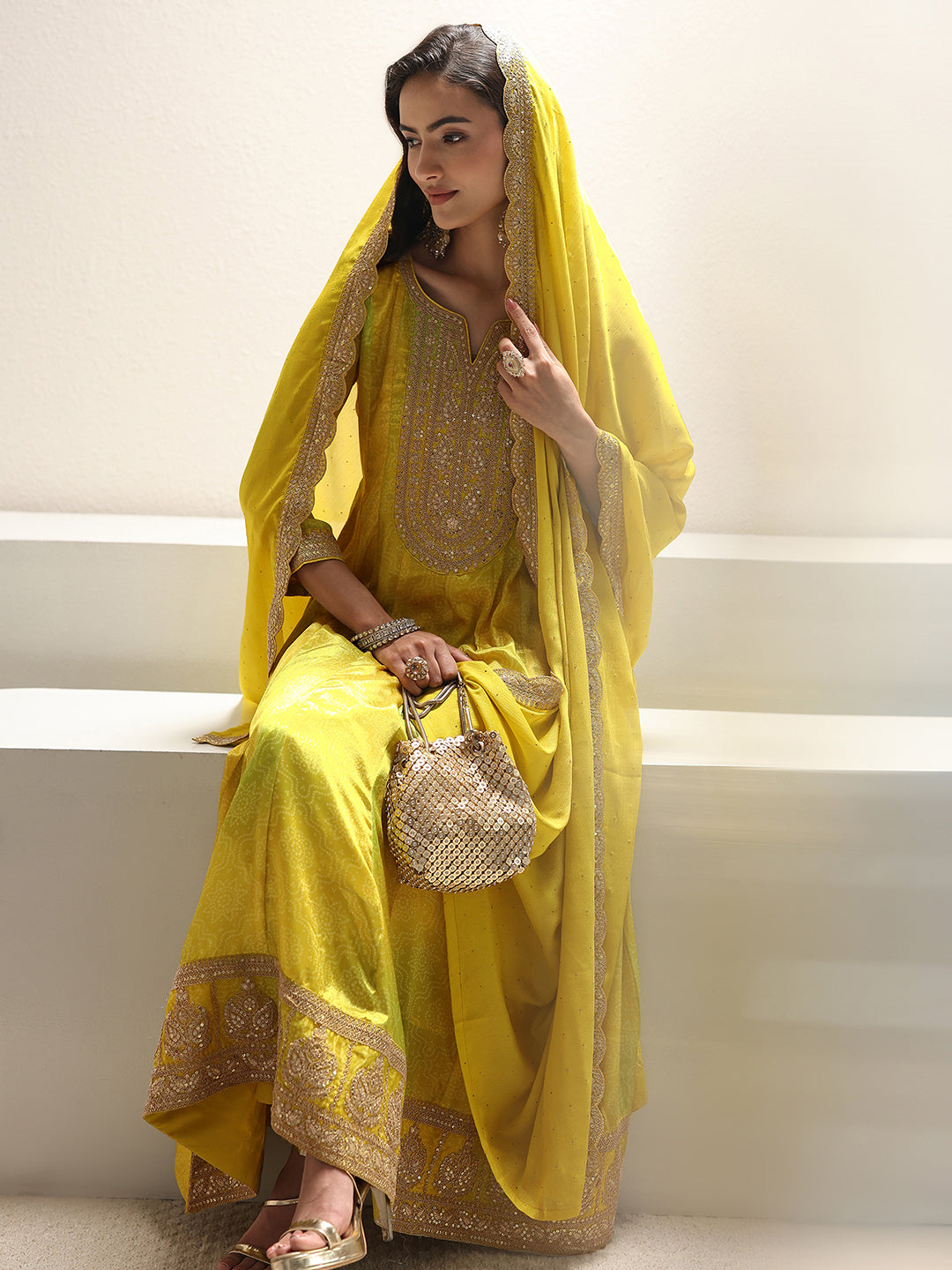 Lime Green Bandhani Printed Chinon Anarkali Suit Set With Dupatta