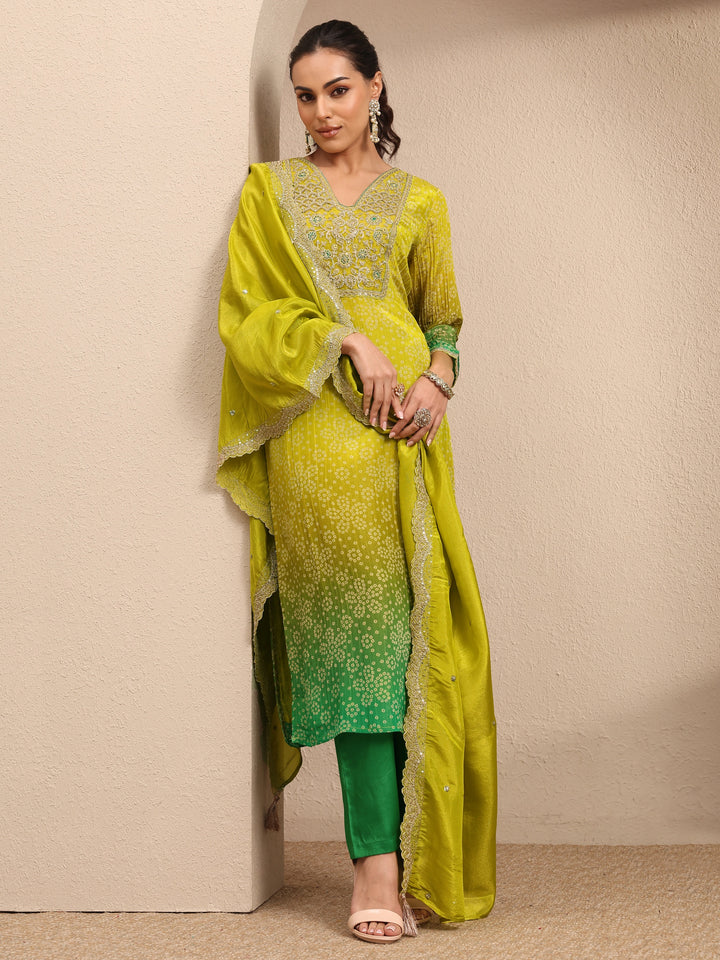 Lime Green Bandhani Printed Silk Blend Suit Set With Dupatta
