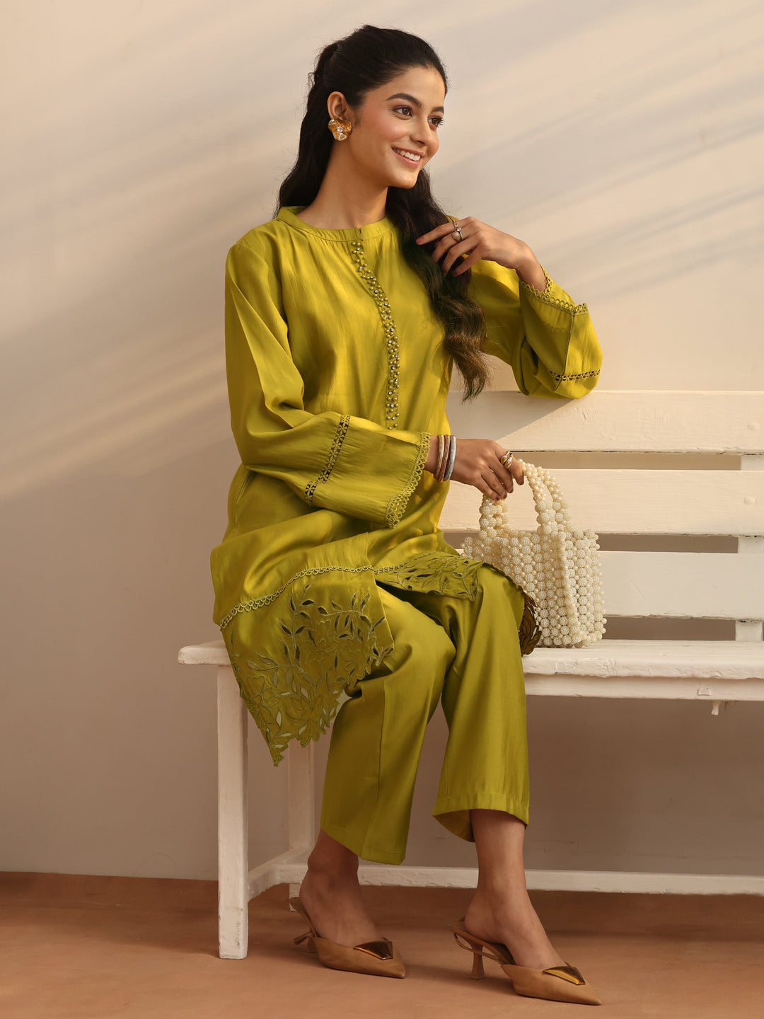 Lime Green Embellished Silk Blend Co-Ord Sets