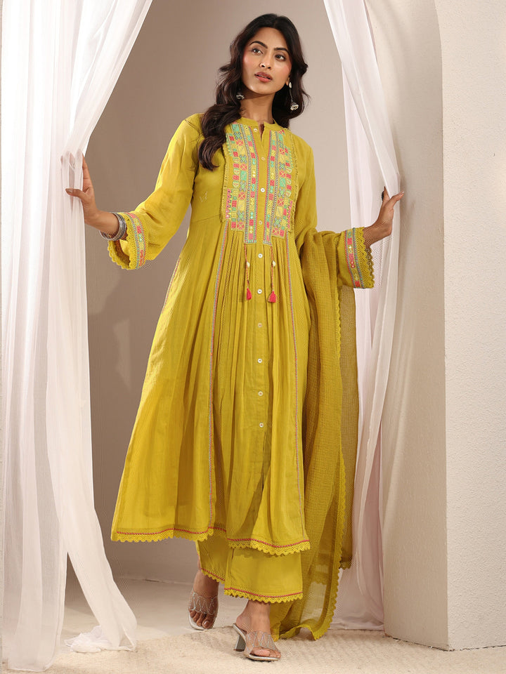 Lime Green Embroidered Cotton A-Line Suit Set With Dupatta