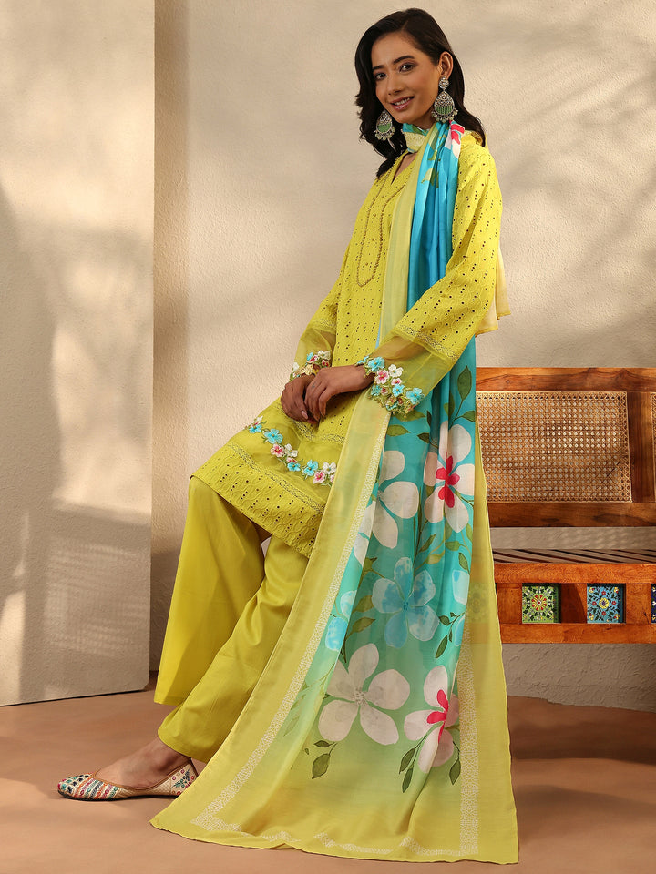 Lime Green Embroidered Cotton Straight Suit Set With Dupatta