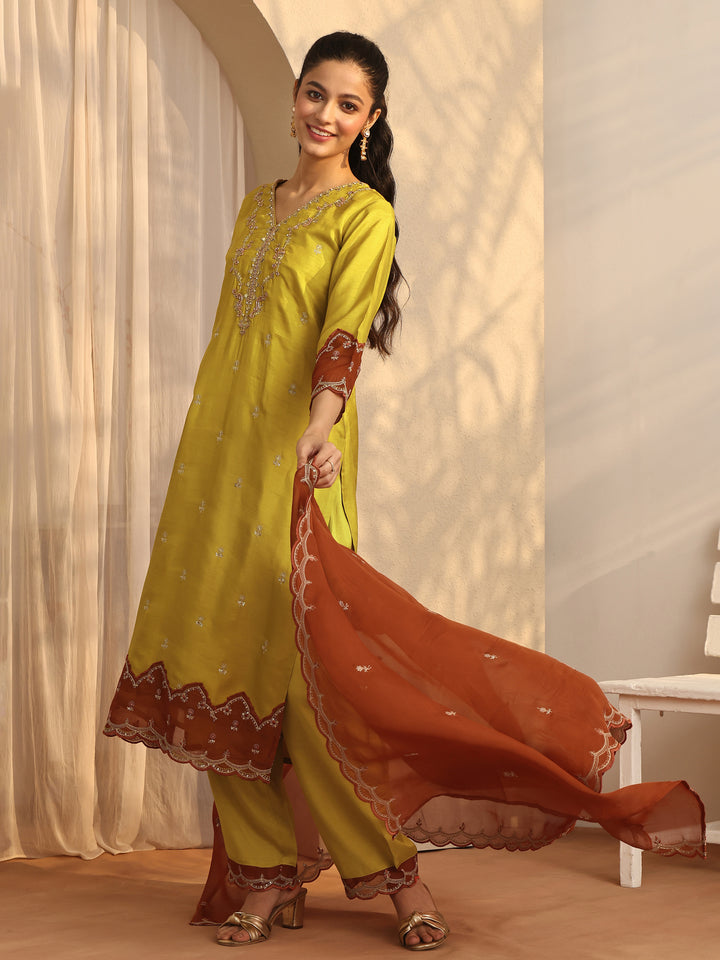 Lime Green Embroidered Organza Straight Suit Set With Dupatta