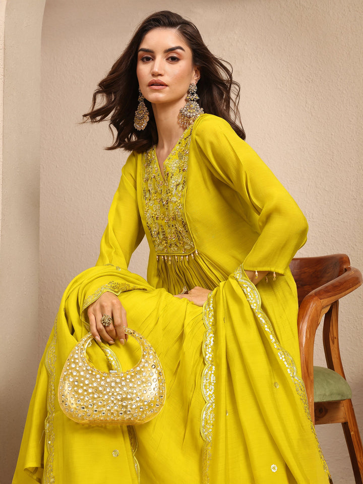 Lime green Embroidered Silk blend Anarkali Suit Set With Dupatta