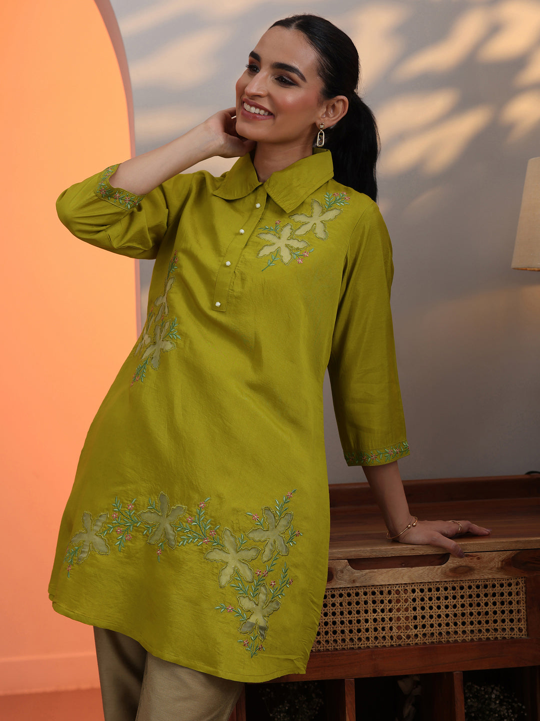 Lime Green Embroidered Silk Blend Shirt