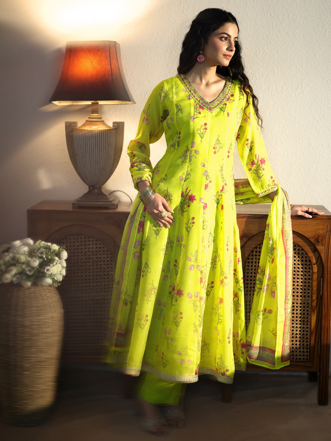 Buy Lime Green Floral Printed Chiffon Anarkali Suit Set Online in Australia at $87.00